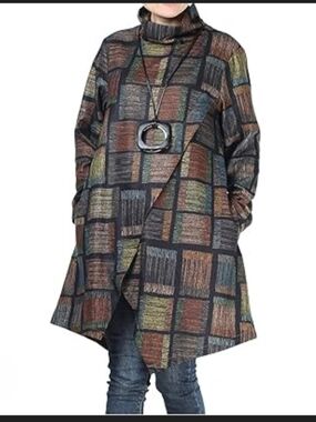 Mordenmiss LARGE Asymetrical A-Line Turtleneck Tunic in Brown & Black Check